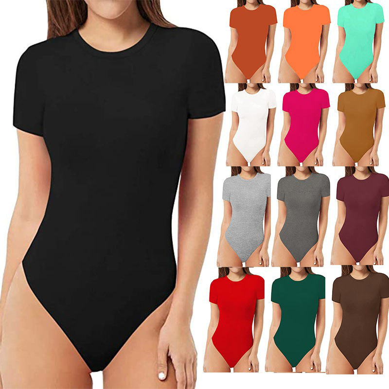 Cross-Border spring and summer Amazon new solid color jumpsuit women's European and American style sexy round neck short sleeve tight jumpsuit