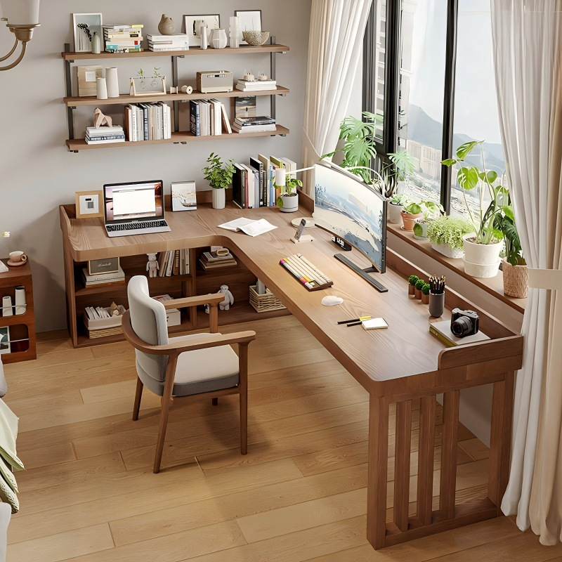 Solid Wood Corner Desk with Integrated Bookcase, L-Shaped Computer Desk with Storage Cabinet, Home Study Desk, Study Room Writing Desk