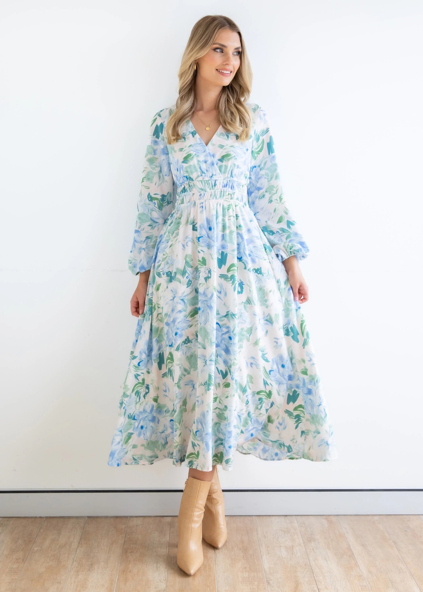 v-neck long-sleeved elastic floral printing dress NSJRM135684