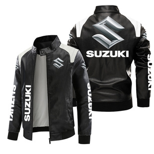[European code fleece-lined] cross-border Suzuki locomotive standard leather plus size printed autumn and winter jacket pu high-grade men's clip