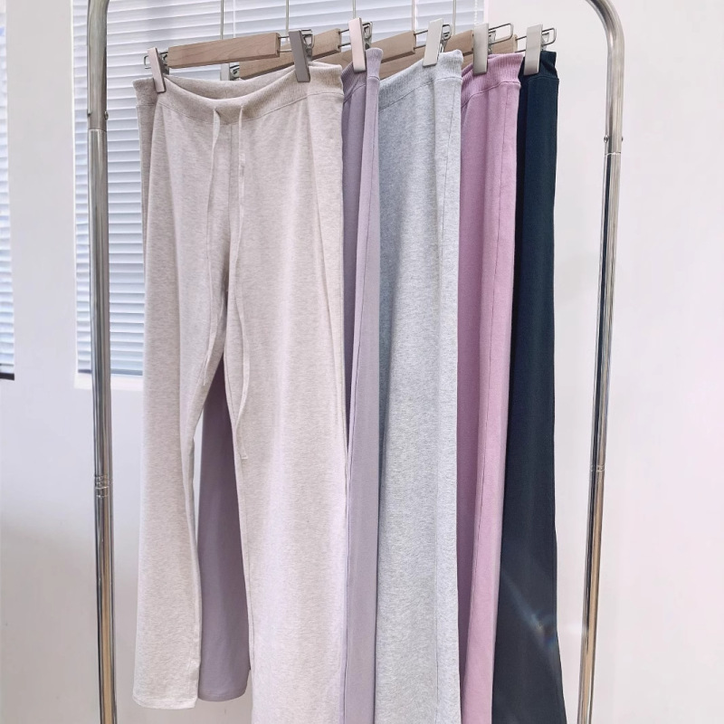 Sk*Ms Women's Cotton Elastic Thin Skin-Friendly Soft Wide-Leg Straight Waist Drawstring Casual Pants for Daily Use
