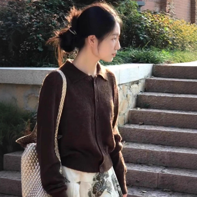 Chestnut-Colored Light High-Neck Long-Sleeve Top Brown Knit Sweater Cardigan for Women Autumn 25