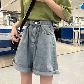 潮ins牛仔短裤女夏季薄款高腰宽松显瘦港味大码直筒阔腿五分中裤