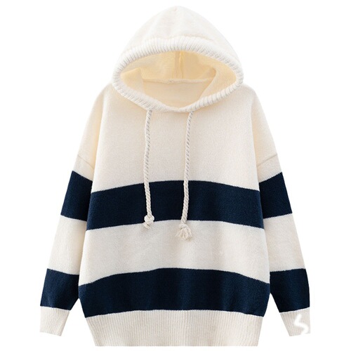 Korean Loose Color Block Striped Soft Velvet Hooded Cardigan Sweater for Women - Autumn/Winter Outwear Top - Versatile Knit Shirt