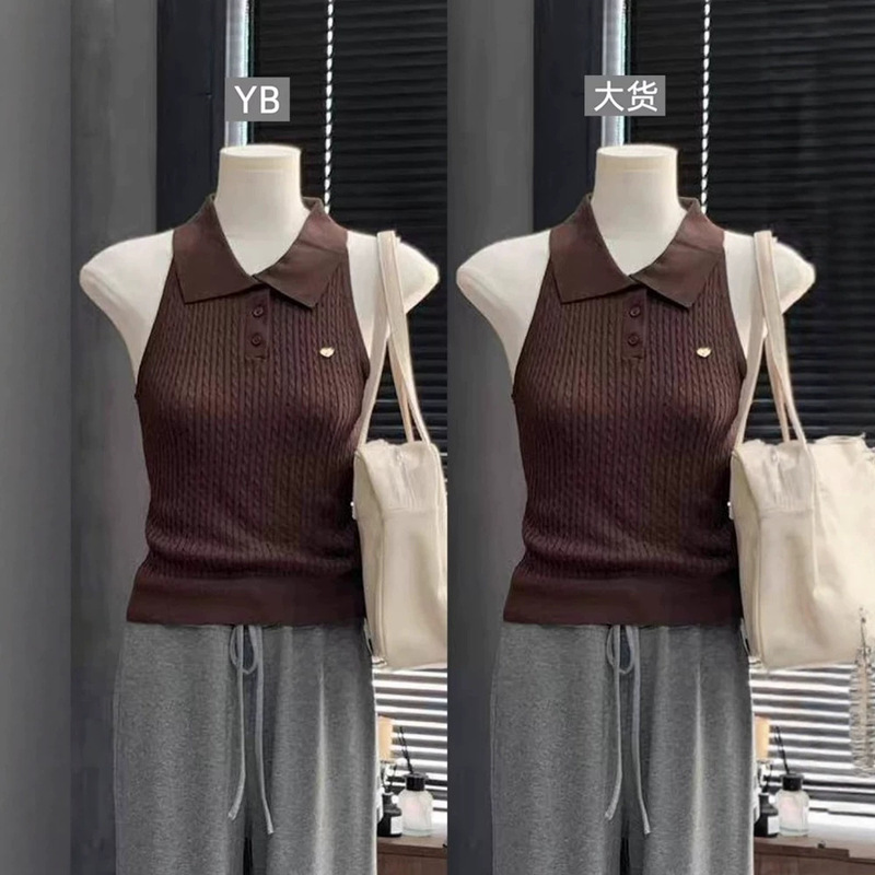 Soft and Breathable Pink, Black, and Coffee-Colored Knit Tops, Collared T-Shirts, Knitwear, and Women's Vests in the Same Style as Mowu