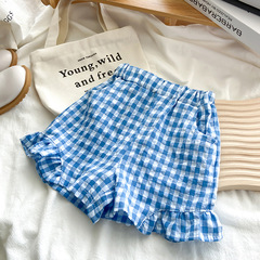 女童夏季新款韓版花邊格子短褲時髦洋氣格紋清新寶寶熱褲0029A057
