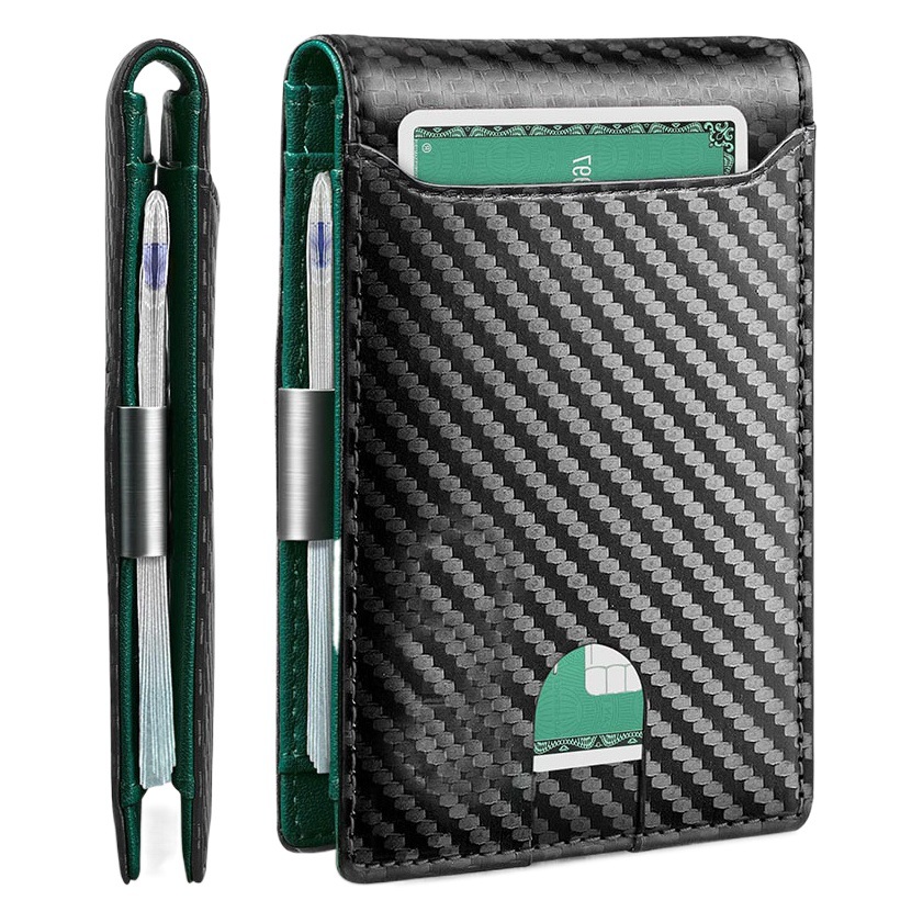 De fibra de carbono nuevo clip de oro Americano billetera de cuero al por mayor de dos veces patrón de asiento abierto cartera antirrobo cepillo billetera de piel de vaca para los hombres