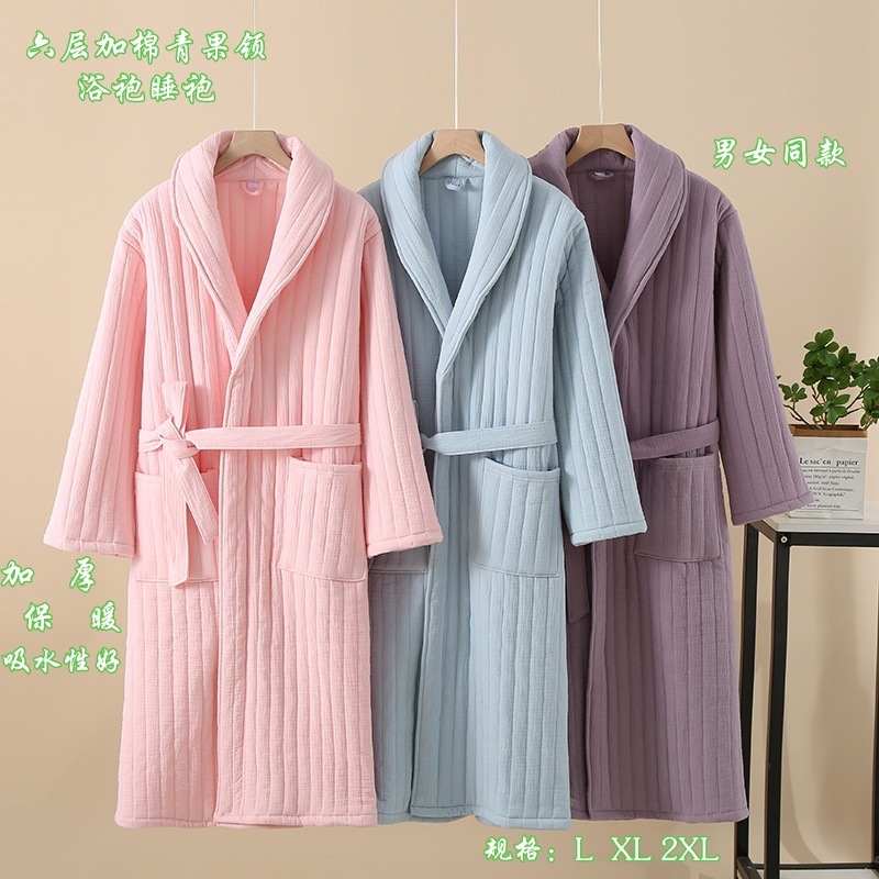 Gauze Six-layer cotton and thickening Vertical Strip Men's and Women's Shawberry Collar Long-sleeved Bathrobe Nightgown Home Clothes