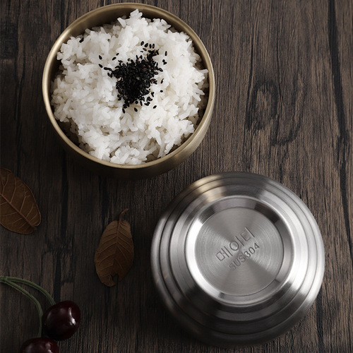 Korean 304 stainless steel bowl with lid, household double-layer insulated soup bowl, children's eating bowl, golden cooking kimchi bowl