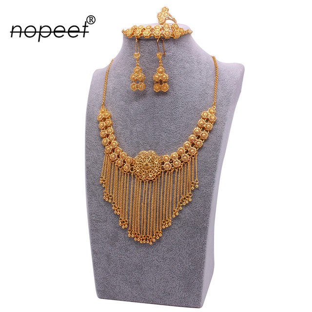 NOPEET Supply Dubai Gold 24k Gold Plated Jewelry Set African Necklace Earrings Ring Bracelet Four Pack