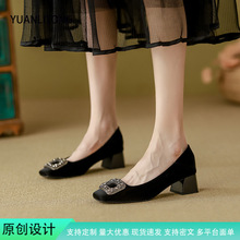 羊皮版~高跟鞋女时尚外穿高级感粗跟单鞋女2025正装职业女鞋方扣