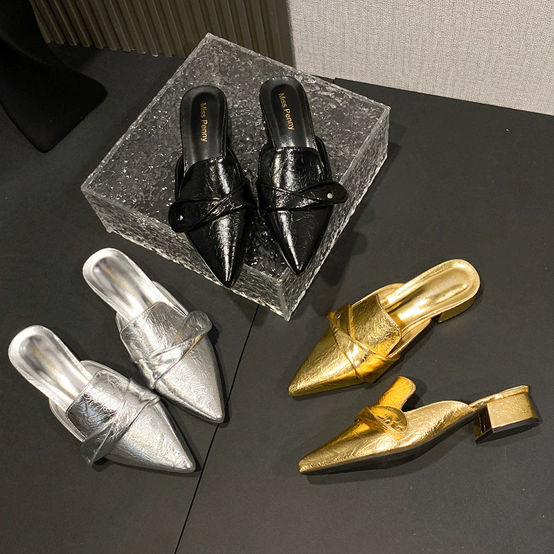 Весенне-осенние женские тапочки 2025 года, новая мода, заостренный носок, складки, средний каблук, оптовая торговля для зарубежных рынков