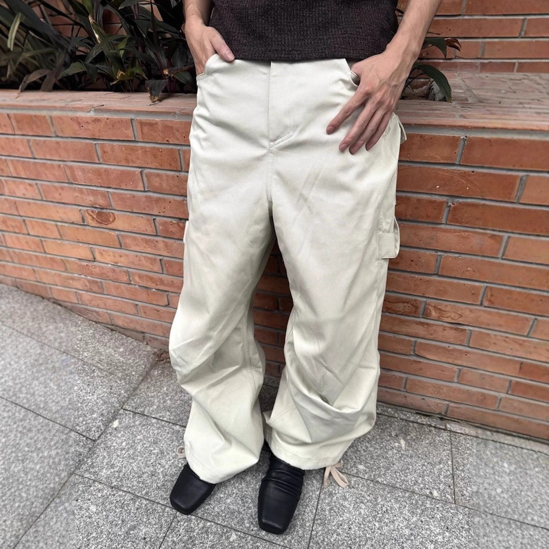 自主潮牌复古打褶弯刀阔腿工装裤小众立体口袋廓形baggy休闲长裤|undefined