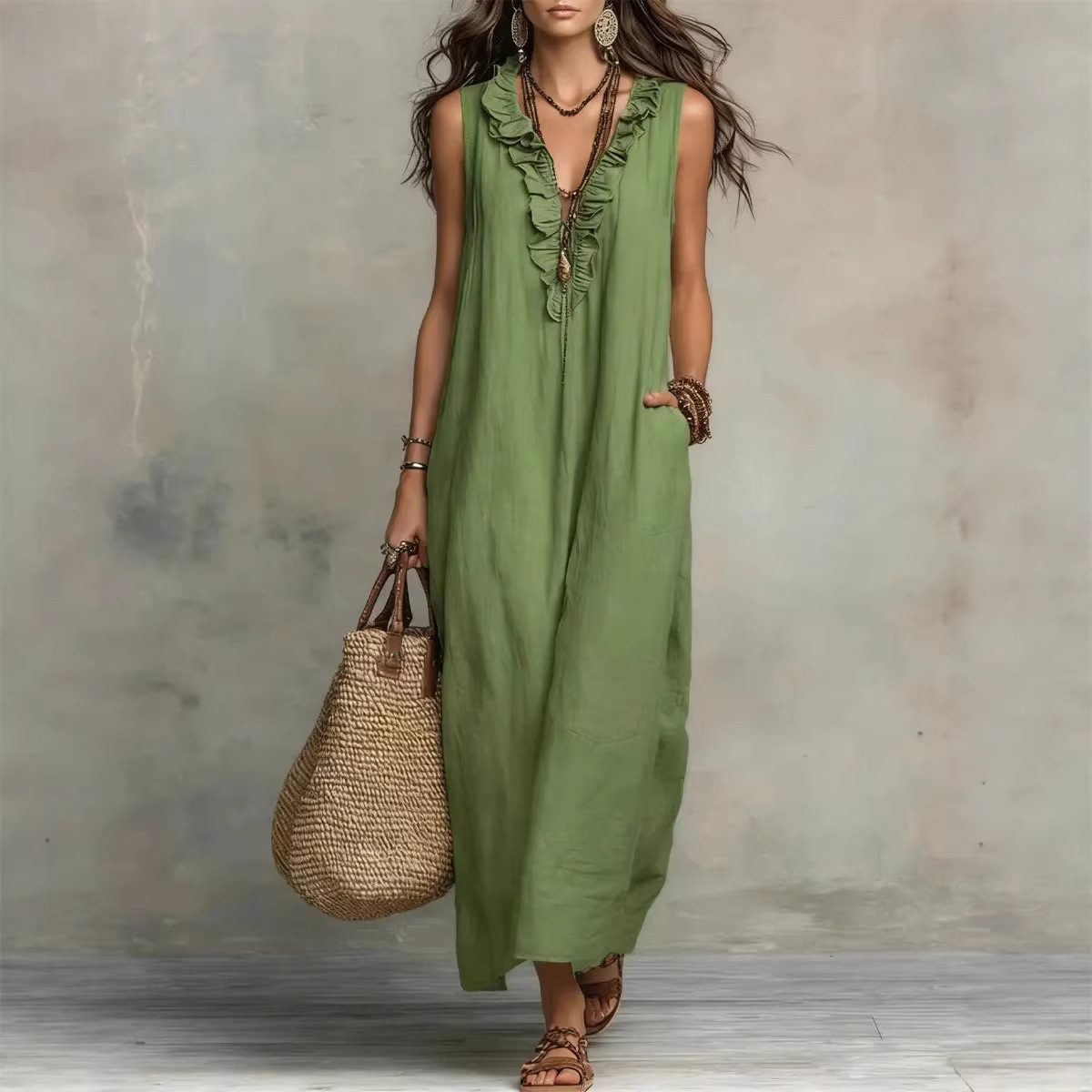 Women's V Neck Ruffled Cotton Linen Boho Maxi Dress – Breathable Casual Resort Gown With Tiered Details_ecoleips.com