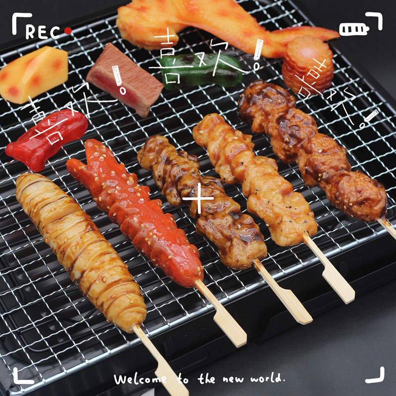 Highly Realistic Model of Japanese Charcoal-Grilled Food: Fried Gluten, Crispy Bone Balls, Nagoya Chicken Skewers for Window Display