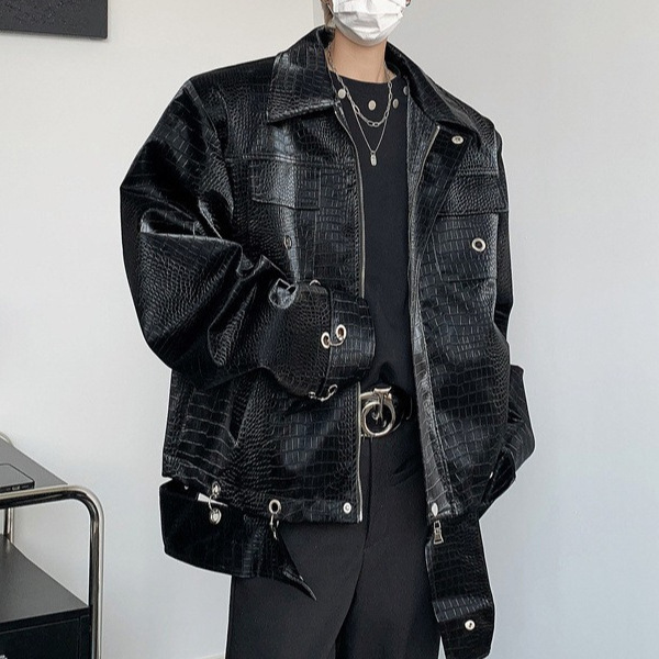 Cross-Border Crocodile Pattern Shoulder Pad Jacket with a Unique Design, Niche European and American Hip-Hop Style Men's Trendy High-End Retro Leather Jacket