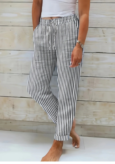 Damen Streifen-caprihose Aus Baumwollleinen Mit Elastischem Bund_voghion.com