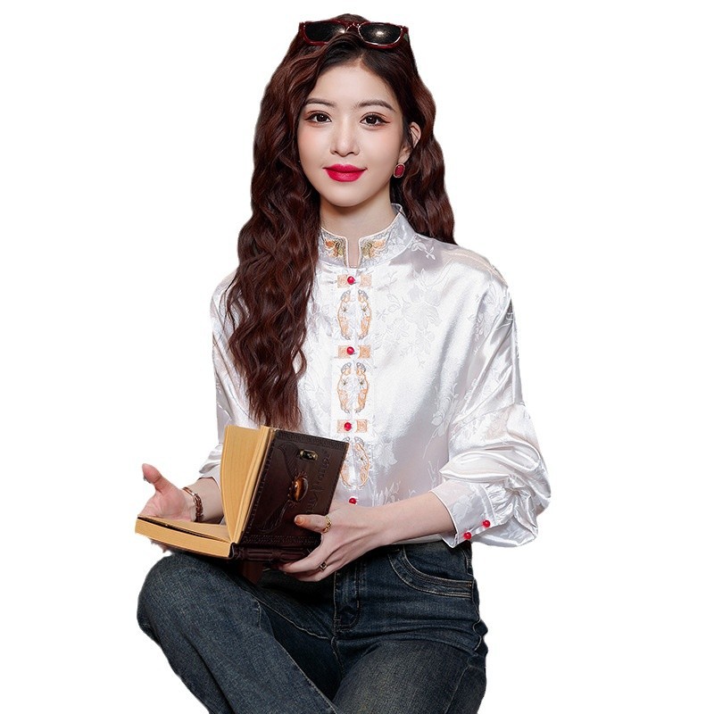 GUOFENG 2024 가을 새로운 중국 스타일 여성 의류 중공업 자카드 버튼 수직 칼라 고급 자수 셔츠 긴팔 탑