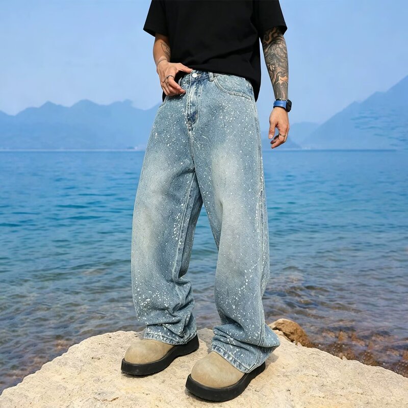 Warehouse No. 7 Yuben Men's Wear New Rhinestone Jeans for Men, Loose Straight Wide-Leg Pants, American High Street Style, Cool and Stylish Warehouse No. 7 Yuben Men's Wear New Rhinestone Jeans for Men, Loose Straight Wide-Leg Pants, American High Street Style, Cool and Stylish