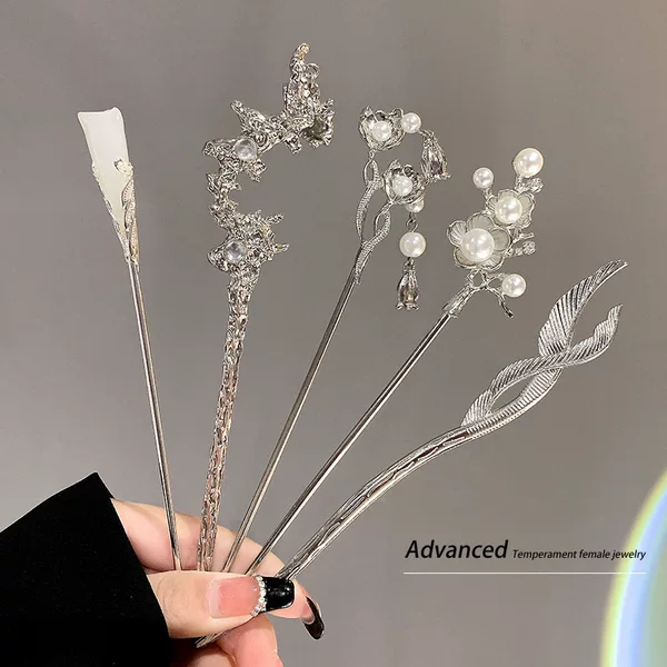 Metal Hairpin for Women, Summer New Chinese Style Hair Accessory, Simple Modern Hairpin, Back-Of-The-Head Hairpin, Hair Ornament with Pearls