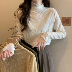 大码胖半高领木耳边蕾丝长袖恤女春秋内搭打底衫遮肚显瘦上衣