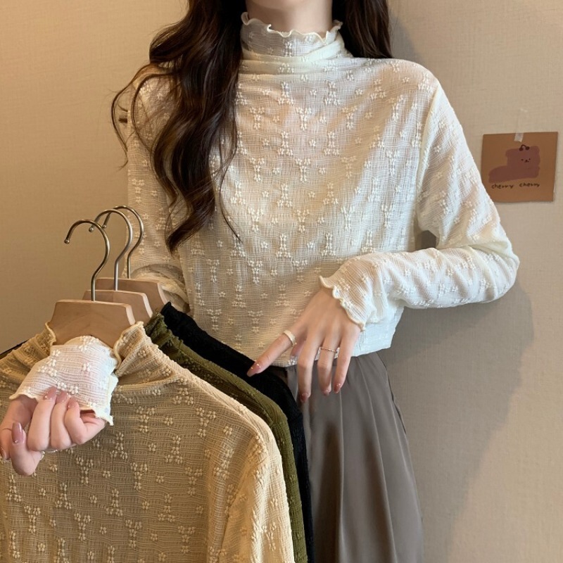 大码胖半高领木耳边蕾丝长袖恤女春秋内搭打底衫遮肚显瘦上衣|undefined