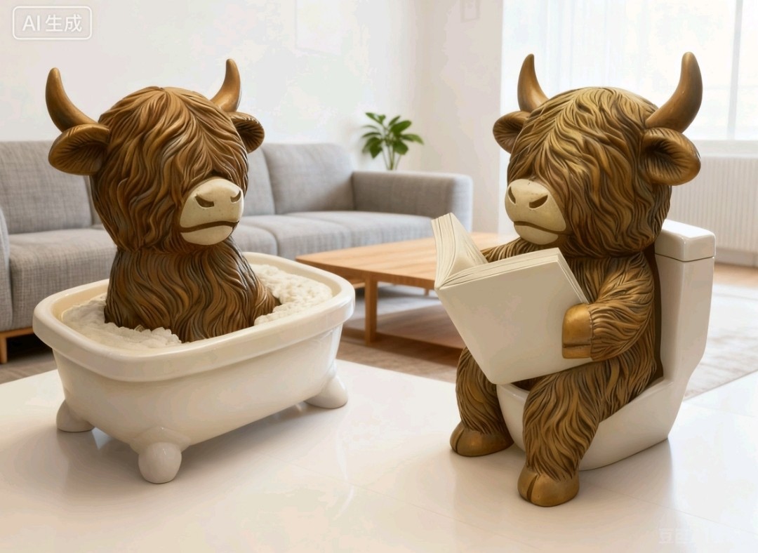Cross-Border Hot-Selling New Creative Home Desktop Highland Cow Sitting on Toilet Bathtub Decorative Resin Craft Ornaments