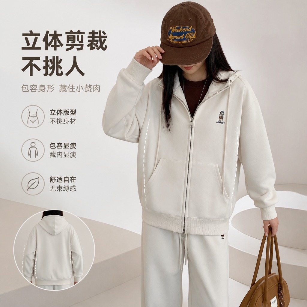 秋季定制连帽拉链外套女刺绣小熊休闲百搭宽松新款韩系卫衣开衫