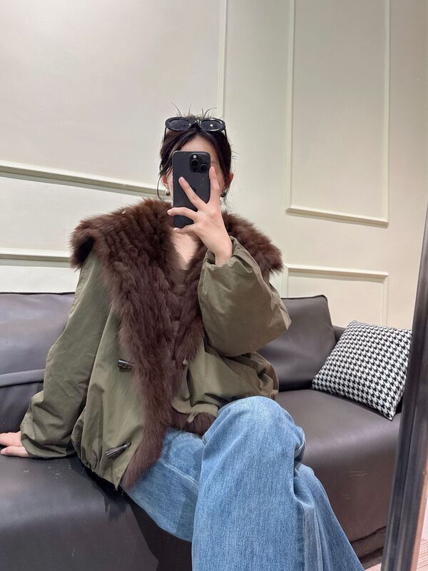 实拍新款派克服海军领夹克外套女士短款鹅绒服真毛狐狸毛皮草大衣|undefined