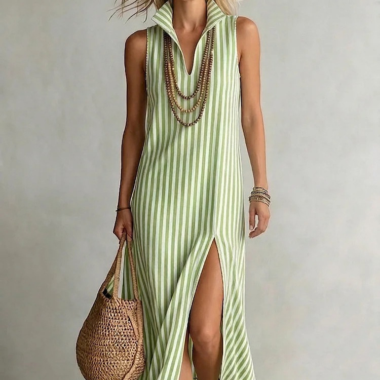 Women's Clothing Striped Stand Up Collar Sleeveless Slit Maxi Dress Women's For Formal & Casual For Women Printed V Neck_ecoleips.com