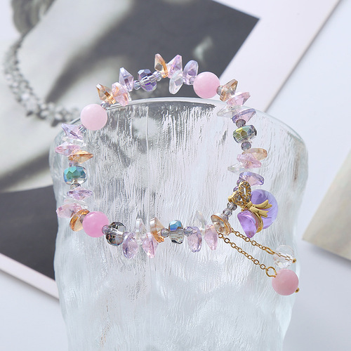 New Fresh Pink Stone Crystal Bracelet for Women, Simple Colorful Bracelet, Elastic Design Bead Jewelry Gift