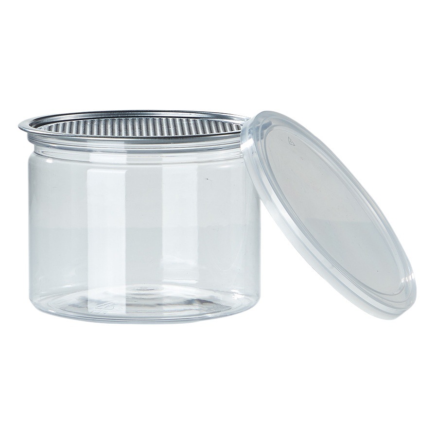 Transparente PET latas al por mayor aperitivos fritos productos a granel latas de nueces botella de plástico de grado alimenticio cubierta de polvo image 1