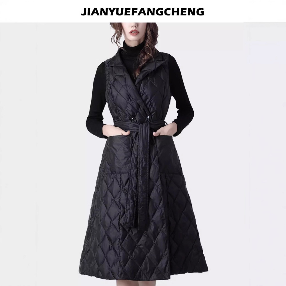 羽绒服连衣裙女中长款无袖背心裙子羽绒马甲冬装黑色白鸭绒轻薄款