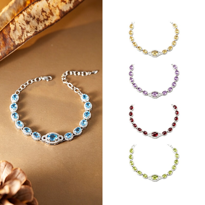 S925 Silver Natural Topaz Tennis Bracelet for Women, Amethyst, Peridot, Garnet, Colorful Gemstone Jewelry Wholesale