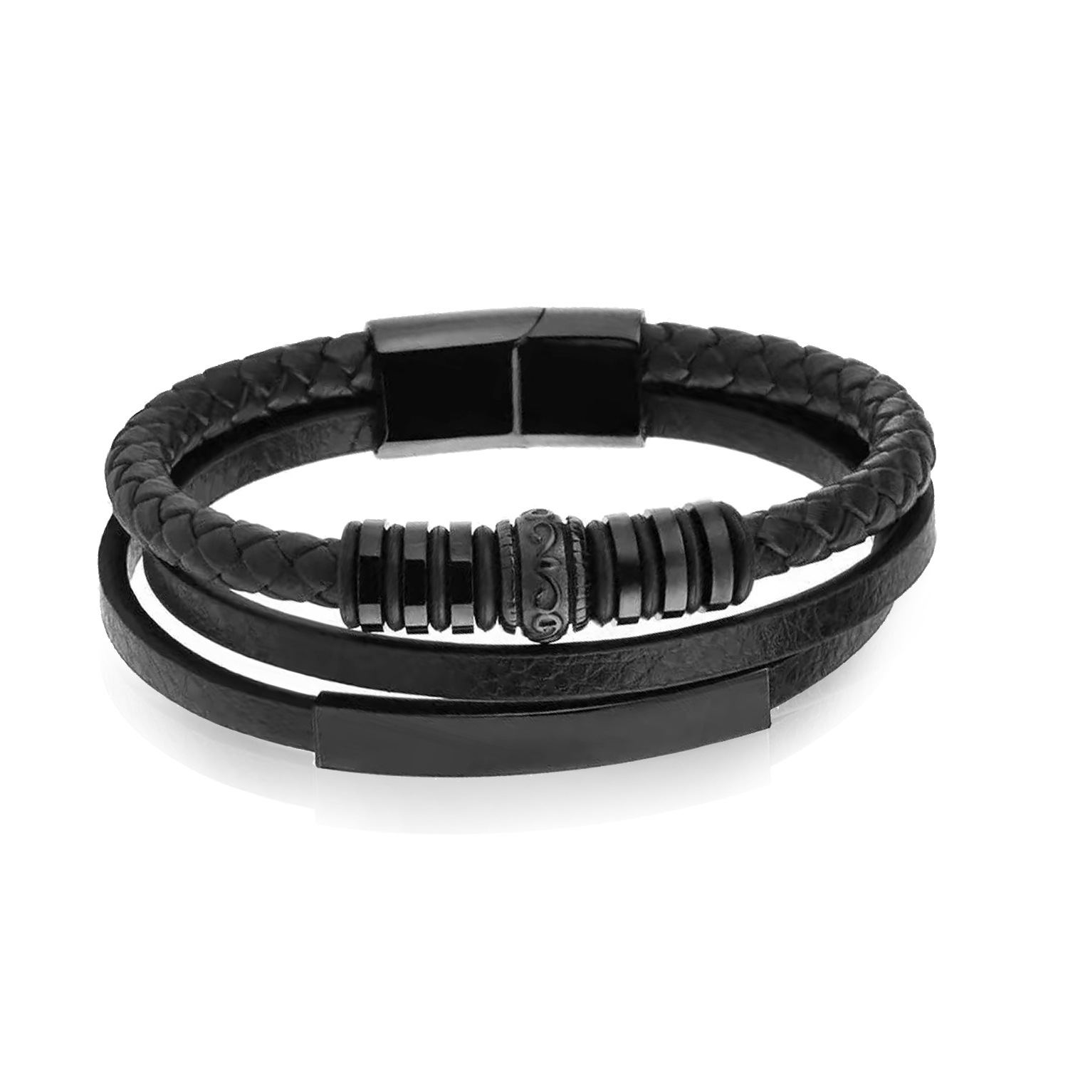 In Stock Wholesale European And American Style Stainless Steel Curved Tag PU Leather Woven Bracelet Men's Wristband_voghion.com