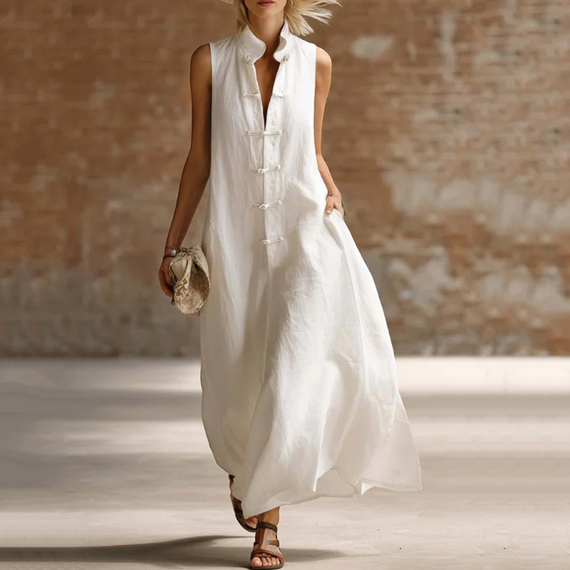 2026 New European and American Cross-Border Cotton and Linen Sleeveless Stand-Collar Long Dress Loose Linen Dress for Women Summer Fashion and Elegance