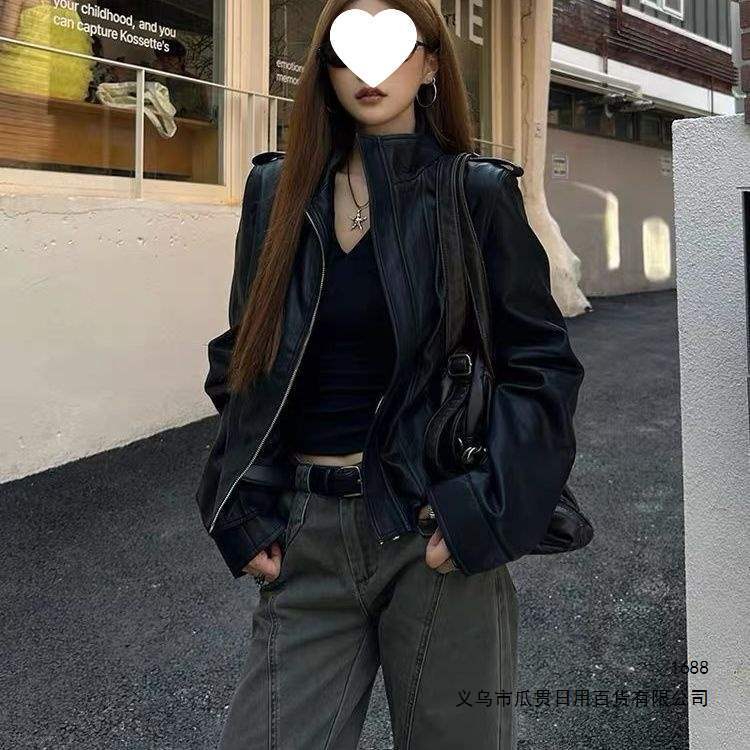 Stand-up collar, straight-shoulder, short PU leather jacket, black coat, spring and autumn women's vintage cool biker jacket, niche style Stand-up collar, straight-shoulder, short PU leather jacket, black coat, spring and autumn women's vintage cool biker jacket, niche style