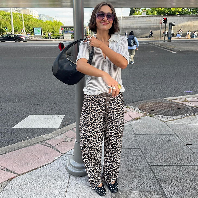 低价清仓#欧美个性街头风豹纹格纹拼接裤子跨境宽松舒适休闲长裤