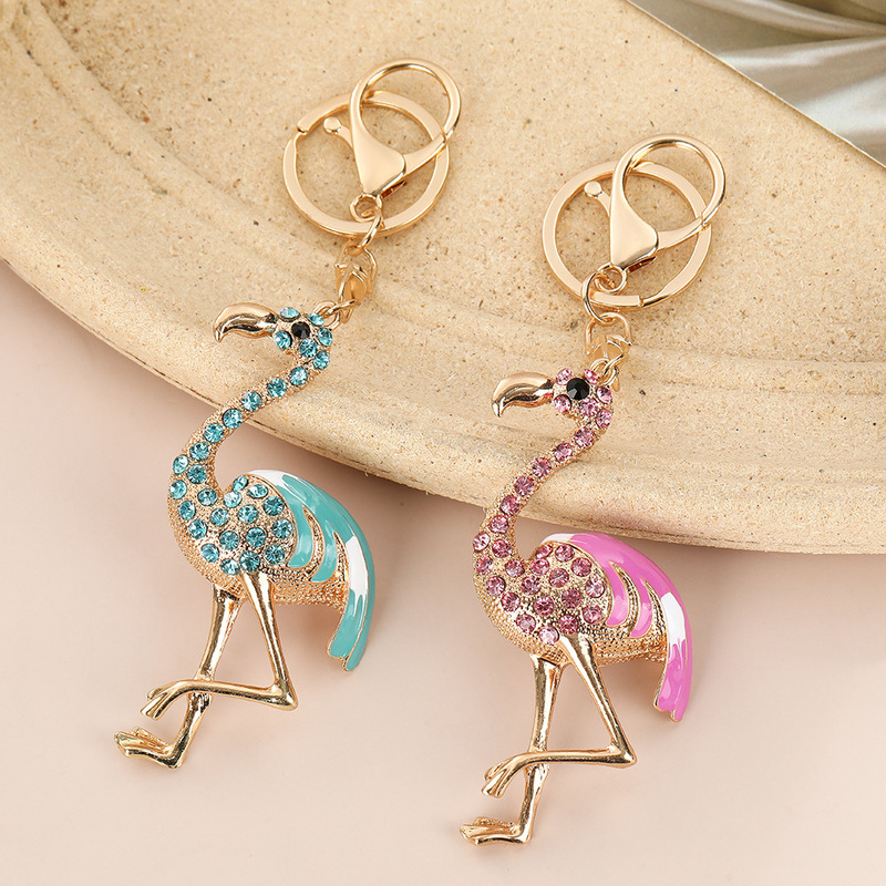 Korean Version Creative Diamond-Encrusted Flamingo Metal Keychain Cross-Border Fashion School Bag Keychain Car Pendant Keychain