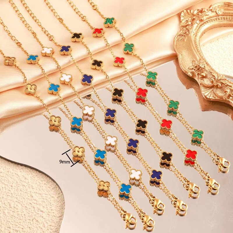 Titanium Steel Color-Preserving Small Four-Leaf Clover Five-Leaf Bracelet 0.9mm Vacuum Electroplated 18K Non-Fading Versatile Hand Jewelry Wholesale Titanium Steel Color-Preserving Small Four-Leaf Clover Five-Leaf Bracelet 0.9mm Vacuum Electroplated 18K Non-Fading Versatile Hand Jewelry Wholesale