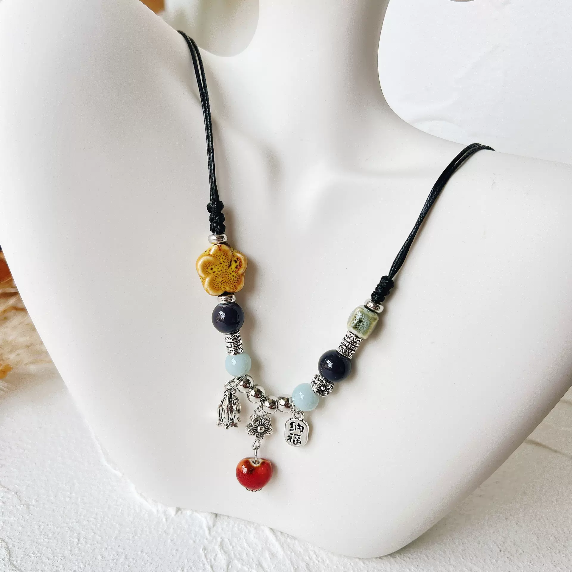 链百搭毛衣国风金刚结莲花配饰新中式项链女陶瓷复古时尚项链禅意