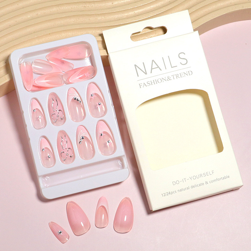 24 Pieces of Simple 3D Bow Decorative Almond Wearable Nails, Beautiful and Cute Fake Nails Ins Same 24 Pieces of Simple 3D Bow Decorative Almond Wearable Nails, Beautiful and Cute Fake Nails Ins Same