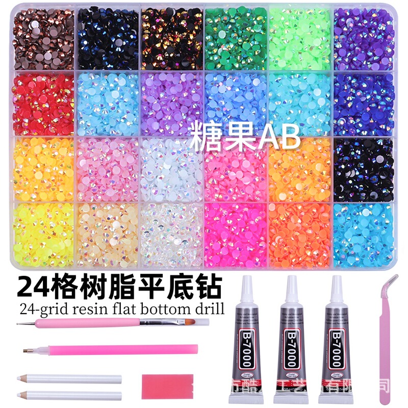 Cross-border hot selling 24 grid AB resin flat bottom diamond diy clothing nail stickers diamond accessories wholesale manufacturers suit