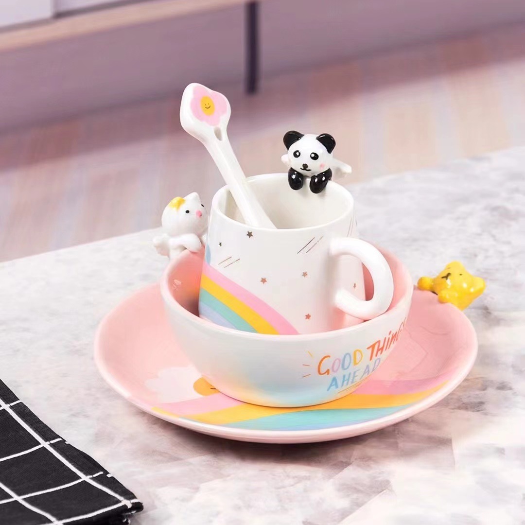 Personalidad creativa en línea rojo de alta apariencia de dibujos animados lindo vajilla de cerámica tazón taza cuchara combinación traje regalo