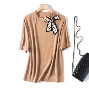 Intellectual and Elegant Bow-Tie Knitted Top Spring and Summer Thin Ultra-Fine Silk Mid-Sleeve Sweater for Women