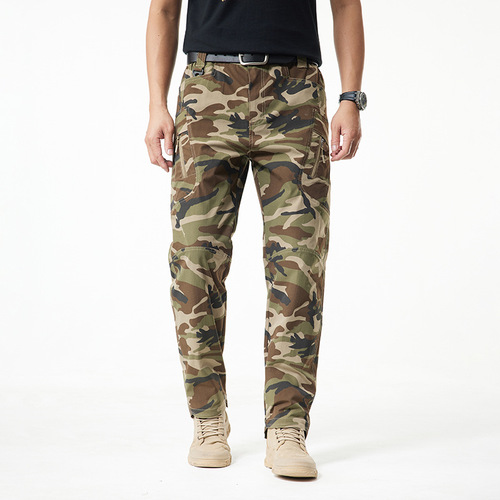 Summer Elastic Tactical Casual Work Pants with Multiple Pockets Straight Leg Trendy Men's Camouflage Casual Pants 2215A
