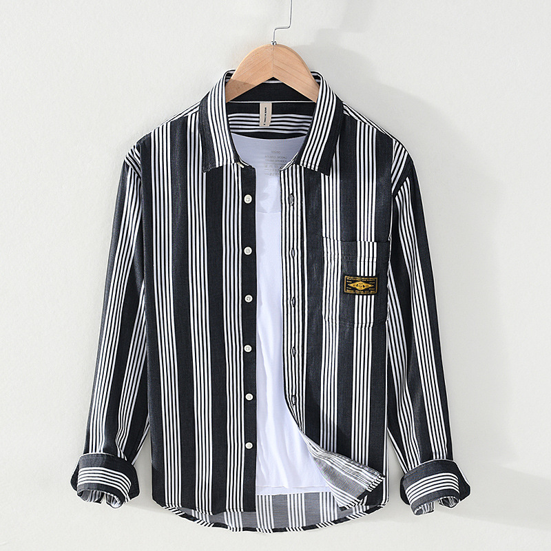 Nova camisa de algodão listrada casual masculina japonesa para primavera e verão, bolso solto para jovens, gola quadrada, camisa de manga comprida para homens_voghion.com