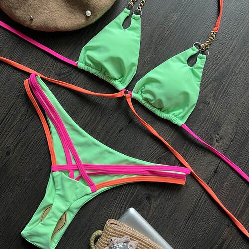  cross-border new bikini chain sexy backless split swimsuit nylon stitching color bikini
