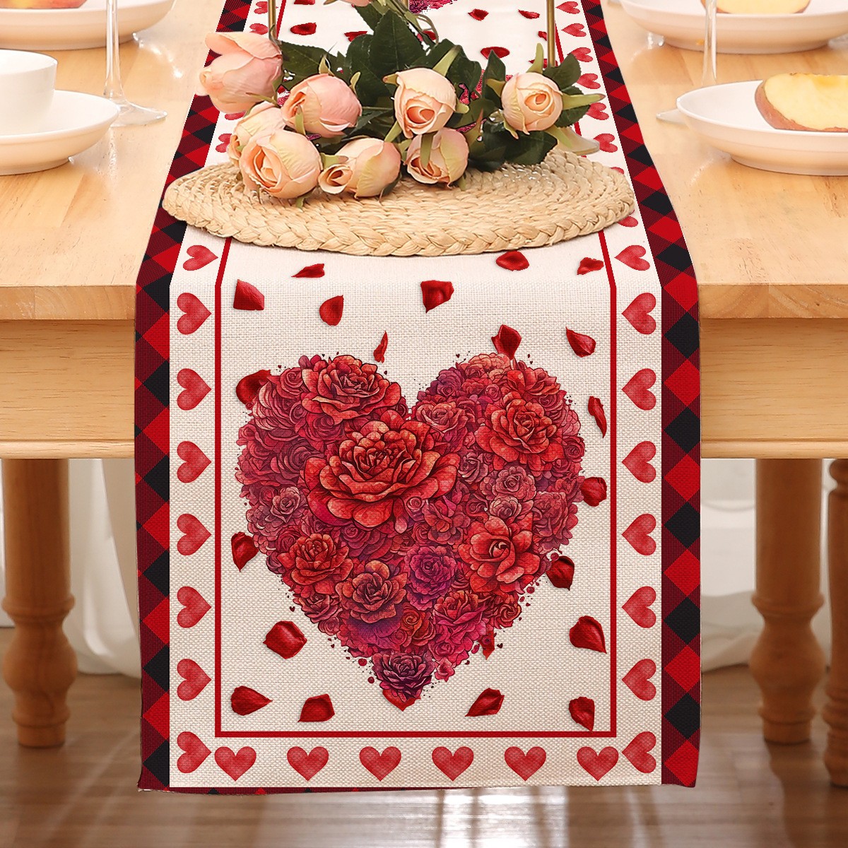 Camino de mesa temático de San Valentín para decoración transfronteriza, mantel rojo estampado de Amazon, decoración de restaurante, estilo nórdico, decoración del hogar, tira larga