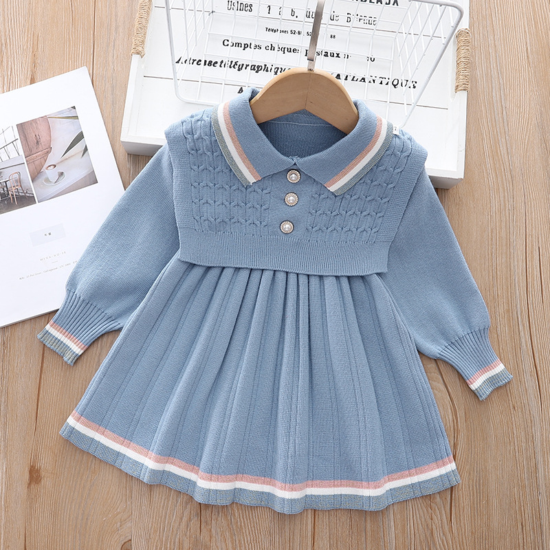 Kinder 2024 Neues Pulloverkleid Zweiteiliges Set Mädchenweste + Kleid Gestrickter Wollrock_voghion.com